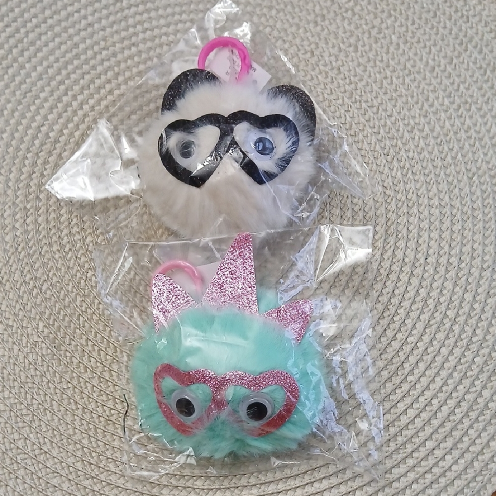 SET OF 2 Cute Furry Keychains with Heart Glasses